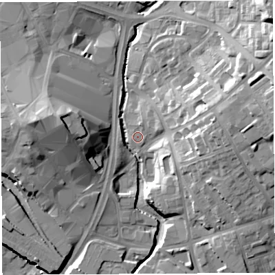 Shaded relief map of the ground around WN13RN, computed from Environment Agency LiDAR. The ground here sits at about 33 m above sea level and falls 29 m across the surrounding 800 m. Surface water reaching this point runs off ground lying to the east-north-east, 3.8 m higher.