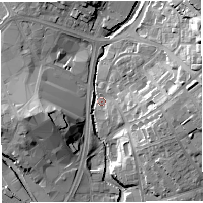 Shaded relief map of the ground around WN13RQ, computed from Environment Agency LiDAR. The ground here sits at about 33 m above sea level and falls 29 m across the surrounding 800 m. Surface water reaching this point runs off ground lying to the east-north-east, 20.1 m higher.