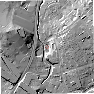 Shaded relief map of the ground around WN13SH, computed from Environment Agency LiDAR. The ground here sits at about 32 m above sea level and falls 26 m across the surrounding 800 m. Surface water reaching this point runs off ground lying to the east-north-east, 17.6 m higher.