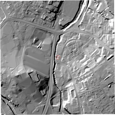 Shaded relief map of the ground around WN13SL, computed from Environment Agency LiDAR. The ground here sits at about 33 m above sea level and falls 29 m across the surrounding 800 m. Surface water reaching this point runs off ground lying to the east, 20.0 m higher.