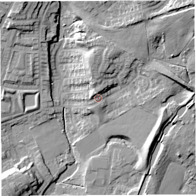 Shaded relief map of the ground around WN13YA, computed from Environment Agency LiDAR. The ground here sits at about 53 m above sea level and falls 34 m across the surrounding 800 m. Surface water reaching this point runs off ground lying to the north-north-west, 4.3 m higher.