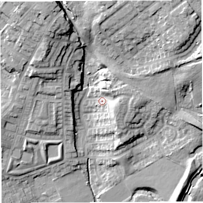Shaded relief map of the ground around WN13YP, computed from Environment Agency LiDAR. The ground here sits at about 52 m above sea level and falls 33 m across the surrounding 800 m. Surface water reaching this point runs off ground lying to the east, 12.7 m higher.