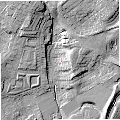 Shaded relief map of the ground around WN13YW, computed from Environment Agency LiDAR. The ground here sits at about 48 m above sea level and falls 33 m across the surrounding 800 m. Surface water reaching this point runs off ground lying to the east-north-east, 13.8 m higher.