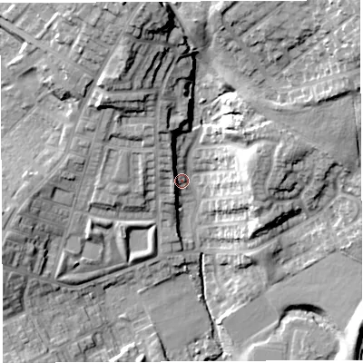 Shaded relief map of the ground around WN13YY, computed from Environment Agency LiDAR. The ground here sits at about 47 m above sea level and falls 32 m across the surrounding 800 m. Surface water reaching this point runs off ground lying to the north-east, 26.7 m higher.
