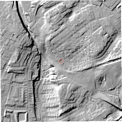 Shaded relief map of the ground around WN21BD, computed from Environment Agency LiDAR. The ground here sits at about 61 m above sea level and falls 32 m across the surrounding 800 m. Surface water reaching this point runs off ground lying to the north-north-east, 8.9 m higher.