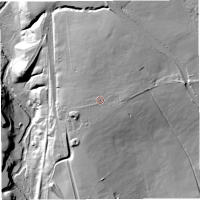 Shaded relief map of the ground around WN21LT, computed from Environment Agency LiDAR. The ground here sits at about 83 m above sea level and falls 58 m across the surrounding 800 m. Surface water reaching this point runs off ground lying to the north-east, 9.5 m higher.