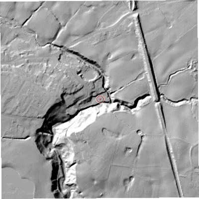 Shaded relief map of the ground around WN21RD, computed from Environment Agency LiDAR. The ground here sits at about 92 m above sea level and falls 37 m across the surrounding 800 m. Surface water reaching this point runs off ground lying to the north-east, 27.3 m higher.