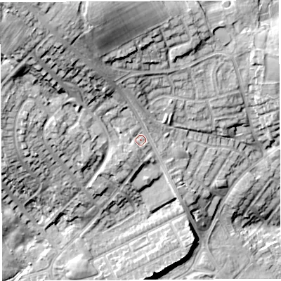 Shaded relief map of the ground around WN21RR, computed from Environment Agency LiDAR. The ground here sits at about 133 m above sea level and falls 34 m across the surrounding 800 m. Surface water reaching this point runs off ground lying to the north-west, 19.2 m higher.