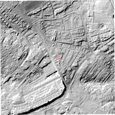 Shaded relief map of the ground around WN21TA, computed from Environment Agency LiDAR. The ground here sits at about 131 m above sea level and falls 32 m across the surrounding 800 m. Surface water reaching this point runs off ground lying to the north-west, 18.1 m higher.