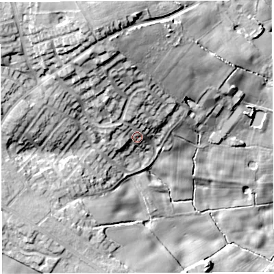 Shaded relief map of the ground around WN21UR, computed from Environment Agency LiDAR. The ground here sits at about 115 m above sea level and falls 35 m across the surrounding 800 m. Surface water reaching this point runs off ground lying to the north, 7.0 m higher.