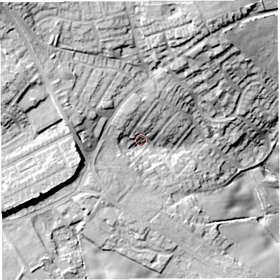 Shaded relief map of the ground around WN21XA, computed from Environment Agency LiDAR. The ground here sits at about 121 m above sea level and falls 33 m across the surrounding 800 m. Surface water reaching this point runs off ground lying to the west-south-west, 12.4 m higher.