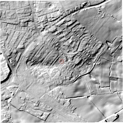 Shaded relief map of the ground around WN21XB, computed from Environment Agency LiDAR. The ground here sits at about 117 m above sea level and falls 33 m across the surrounding 800 m. Surface water reaching this point runs off ground lying to the west, 15.9 m higher.