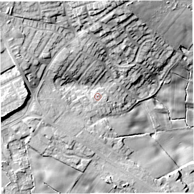 Shaded relief map of the ground around WN21XE, computed from Environment Agency LiDAR. The ground here sits at about 120 m above sea level and falls 32 m across the surrounding 800 m. Surface water reaching this point runs off ground lying to the south-south-west, 3.3 m higher.