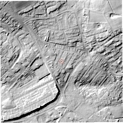 Shaded relief map of the ground around WN21XJ, computed from Environment Agency LiDAR. The ground here sits at about 130 m above sea level and falls 35 m across the surrounding 800 m. Surface water reaching this point runs off ground lying to the west, 2.5 m higher.