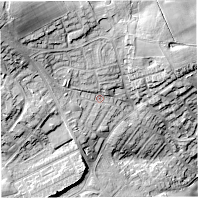 Shaded relief map of the ground around WN21XL, computed from Environment Agency LiDAR. The ground here sits at about 129 m above sea level and falls 39 m across the surrounding 800 m. Surface water reaching this point runs off ground lying to the north-west, 21.1 m higher.