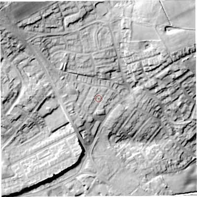 Shaded relief map of the ground around WN21XN, computed from Environment Agency LiDAR. The ground here sits at about 129 m above sea level and falls 38 m across the surrounding 800 m. Surface water reaching this point runs off ground lying to the west-south-west, 2.0 m higher.