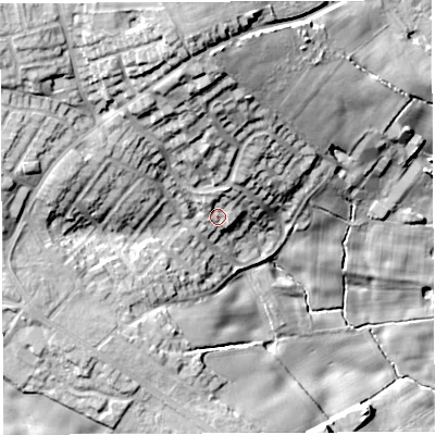 Shaded relief map of the ground around WN21XR, computed from Environment Agency LiDAR. The ground here sits at about 115 m above sea level and falls 35 m across the surrounding 800 m. Surface water reaching this point runs off ground lying to the north-north-west, 21.3 m higher.