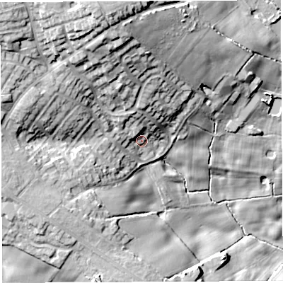 Shaded relief map of the ground around WN21XS, computed from Environment Agency LiDAR. The ground here sits at about 112 m above sea level and falls 35 m across the surrounding 800 m. Surface water reaching this point runs off ground lying to the north-north-west, 24.6 m higher.
