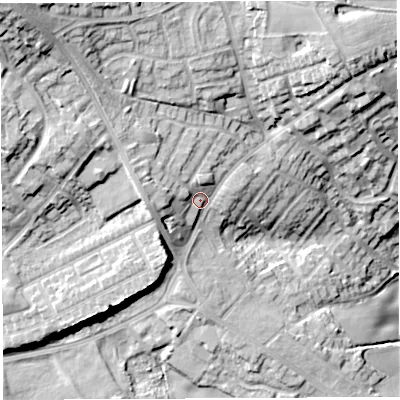 Shaded relief map of the ground around WN21XW, computed from Environment Agency LiDAR. The ground here sits at about 127 m above sea level and falls 34 m across the surrounding 800 m. Surface water reaching this point runs off ground lying to the west-north-west, 6.6 m higher.