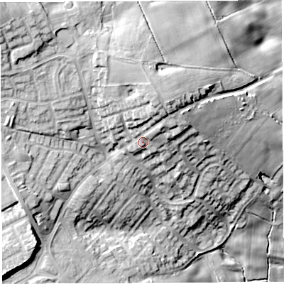 Shaded relief map of the ground around WN21YL, computed from Environment Agency LiDAR. The ground here sits at about 128 m above sea level and falls 36 m across the surrounding 800 m. Surface water reaching this point runs off ground lying to the north-north-east, 8.4 m higher.