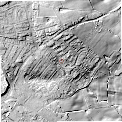 Shaded relief map of the ground around WN21YU, computed from Environment Agency LiDAR. The ground here sits at about 120 m above sea level and falls 34 m across the surrounding 800 m. Surface water reaching this point runs off ground lying to the north, 16.5 m higher.