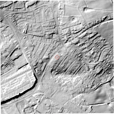 Shaded relief map of the ground around WN21YX, computed from Environment Agency LiDAR. The ground here sits at about 127 m above sea level and falls 37 m across the surrounding 800 m. Surface water reaching this point runs off ground lying to the west, 1.1 m higher.