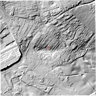 Shaded relief map of the ground around WN21YZ, computed from Environment Agency LiDAR. The ground here sits at about 120 m above sea level and falls 33 m across the surrounding 800 m. Surface water reaching this point runs off ground lying to the west-south-west, 13.3 m higher.