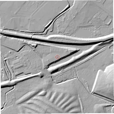Shaded relief map of the ground around WN22AG, computed from Environment Agency LiDAR. The ground here sits at about 40 m above sea level and falls 17 m across the surrounding 800 m. Surface water reaching this point runs off ground lying to the north-east, 1.6 m higher.