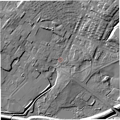 Shaded relief map of the ground around WN22AQ, computed from Environment Agency LiDAR. The ground here sits at about 42 m above sea level and falls 22 m across the surrounding 800 m. Surface water reaching this point runs off ground lying to the north-east, 18.0 m higher.
