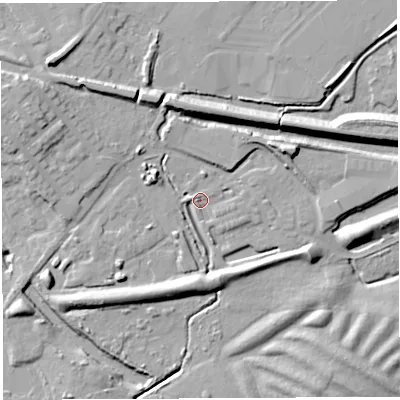 Shaded relief map of the ground around WN22BN, computed from Environment Agency LiDAR. The ground here sits at about 39 m above sea level and falls 15 m across the surrounding 800 m. Surface water reaching this point runs off ground lying to the north-west, 9.6 m higher.
