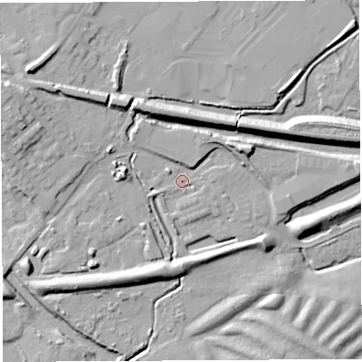 Shaded relief map of the ground around WN22BQ, computed from Environment Agency LiDAR. The ground here sits at about 39 m above sea level and falls 15 m across the surrounding 800 m. Surface water reaching this point runs off ground lying to the west-north-west, 9.6 m higher.