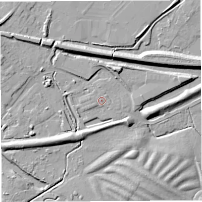 Shaded relief map of the ground around WN22DL, computed from Environment Agency LiDAR. The ground here sits at about 39 m above sea level and falls 15 m across the surrounding 800 m. Surface water reaching this point runs off ground lying to the west, 0.9 m higher.