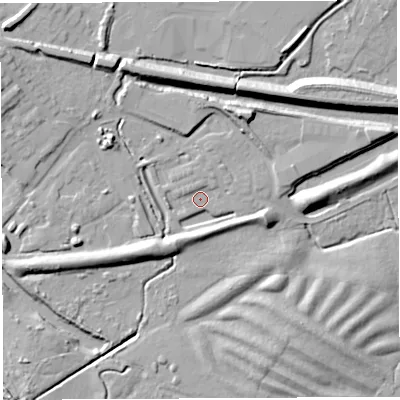 Shaded relief map of the ground around WN22DN, computed from Environment Agency LiDAR. The ground here sits at about 38 m above sea level and falls 15 m across the surrounding 800 m. Surface water reaching this point runs off ground lying to the south-west, 7.9 m higher.