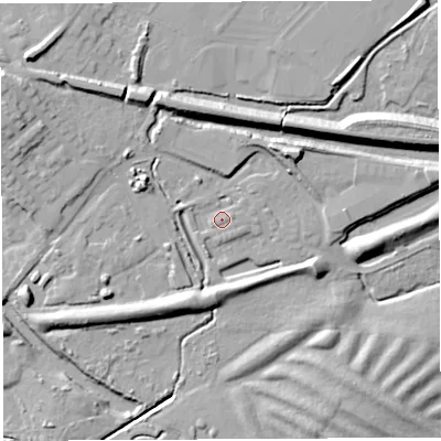 Shaded relief map of the ground around WN22DP, computed from Environment Agency LiDAR. The ground here sits at about 40 m above sea level and falls 15 m across the surrounding 800 m. Surface water reaching this point runs off ground lying to the east-north-east, 1.3 m higher.