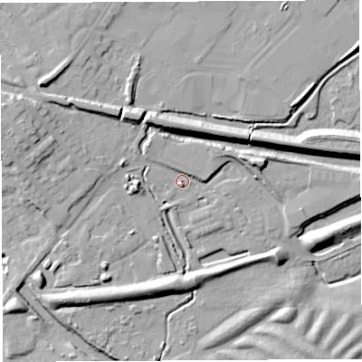 Shaded relief map of the ground around WN22DR, computed from Environment Agency LiDAR. The ground here sits at about 39 m above sea level and falls 15 m across the surrounding 800 m. Surface water reaching this point runs off ground lying to the north-west, 3.9 m higher.