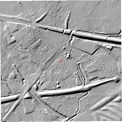 Shaded relief map of the ground around WN22DS, computed from Environment Agency LiDAR. The ground here sits at about 40 m above sea level and falls 15 m across the surrounding 800 m. Surface water reaching this point runs off ground lying to the north-west, 8.2 m higher.