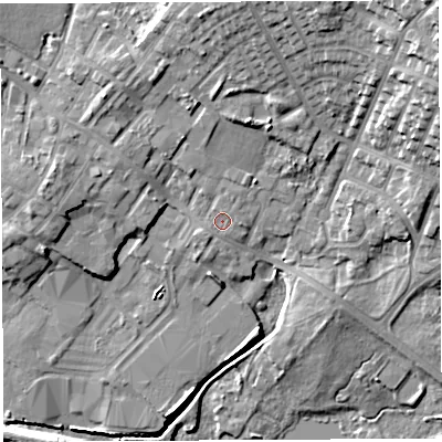 Shaded relief map of the ground around WN22ED, computed from Environment Agency LiDAR. The ground here sits at about 42 m above sea level and falls 20 m across the surrounding 800 m. Surface water reaching this point runs off ground lying to the north-north-east, 1.1 m higher.