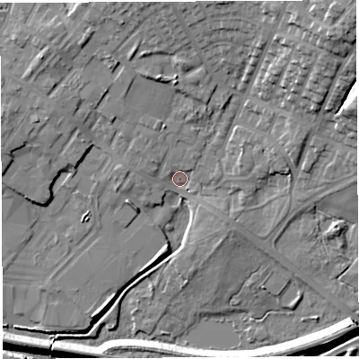 Shaded relief map of the ground around WN22LA, computed from Environment Agency LiDAR. The ground here sits at about 41 m above sea level and falls 22 m across the surrounding 800 m. Surface water reaching this point runs off ground lying to the north-east, 18.6 m higher.