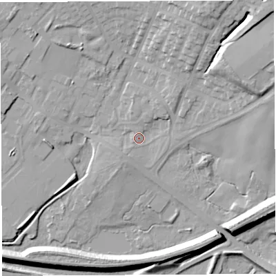 Shaded relief map of the ground around WN22LD, computed from Environment Agency LiDAR. The ground here sits at about 43 m above sea level and falls 24 m across the surrounding 800 m. Surface water reaching this point runs off ground lying to the south-west, 1.6 m higher.