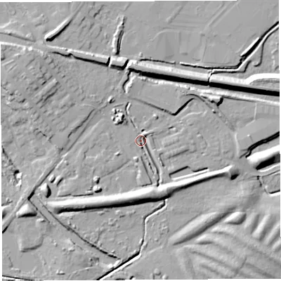 Shaded relief map of the ground around WN22LE, computed from Environment Agency LiDAR. The ground here sits at about 38 m above sea level and falls 15 m across the surrounding 800 m. Surface water reaching this point runs off ground lying to the south, 7.9 m higher.