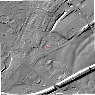 Shaded relief map of the ground around WN22LJ, computed from Environment Agency LiDAR. The ground here sits at about 45 m above sea level and falls 28 m across the surrounding 800 m. Surface water reaching this point runs off ground lying to the north-east, 19.3 m higher.