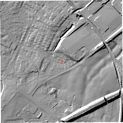Shaded relief map of the ground around WN22LN, computed from Environment Agency LiDAR. The ground here sits at about 47 m above sea level and falls 32 m across the surrounding 800 m. Surface water reaching this point runs off ground lying to the north-east, 11.5 m higher.