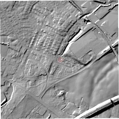 Shaded relief map of the ground around WN22LP, computed from Environment Agency LiDAR. The ground here sits at about 46 m above sea level and falls 30 m across the surrounding 800 m. Surface water reaching this point runs off ground lying to the north-east, 22.6 m higher.