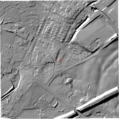 Shaded relief map of the ground around WN22LQ, computed from Environment Agency LiDAR. The ground here sits at about 45 m above sea level and falls 27 m across the surrounding 800 m. Surface water reaching this point runs off ground lying to the north-east, 19.9 m higher.