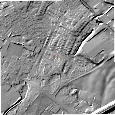 Shaded relief map of the ground around WN22PL, computed from Environment Agency LiDAR. The ground here sits at about 45 m above sea level and falls 30 m across the surrounding 800 m. Surface water reaching this point runs off ground lying to the north-north-east, 9.4 m higher.