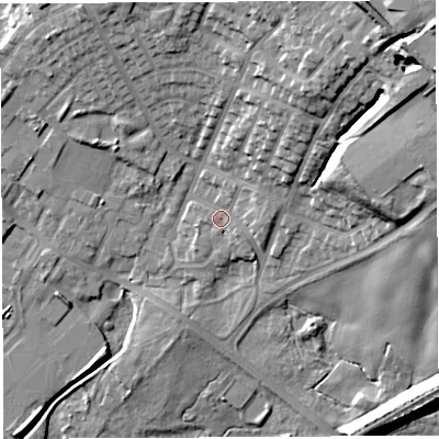 Shaded relief map of the ground around WN22PN, computed from Environment Agency LiDAR. The ground here sits at about 44 m above sea level and falls 27 m across the surrounding 800 m. Surface water reaching this point runs off ground lying to the north-east, 10.1 m higher.