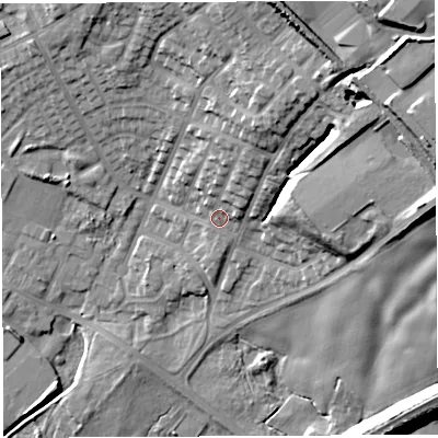Shaded relief map of the ground around WN22PQ, computed from Environment Agency LiDAR. The ground here sits at about 47 m above sea level and falls 29 m across the surrounding 800 m. Surface water reaching this point runs off ground lying to the north-north-east, 7.6 m higher.
