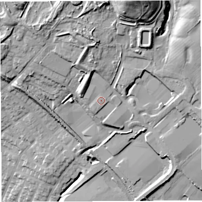 Shaded relief map of the ground around WN22PR, computed from Environment Agency LiDAR. The ground here sits at about 68 m above sea level and falls 50 m across the surrounding 800 m. Surface water reaching this point runs off ground lying to the north, 9.5 m higher.