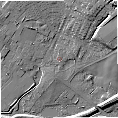 Shaded relief map of the ground around WN22PS, computed from Environment Agency LiDAR. The ground here sits at about 43 m above sea level and falls 24 m across the surrounding 800 m. Surface water reaching this point runs off ground lying to the east-north-east, 2.2 m higher.