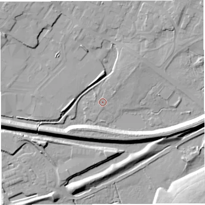 Shaded relief map of the ground around WN22TA, computed from Environment Agency LiDAR. The ground here sits at about 39 m above sea level and falls 18 m across the surrounding 800 m. Surface water reaching this point runs off ground lying to the east, 11.8 m higher.
